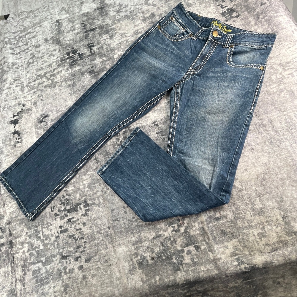Rock and Roll Denim Mens 33x32 Bootcut Jeans Medium Blue Thick Stitch Western